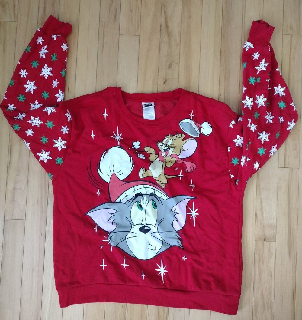 Vintage Tom and Jerry Holiday Graphic Sweatshirt Red Long Sleeve Size L/G (11/13